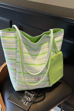 Summer Striped Double-Sided Canvas Tote Bag for Women, Large Capacity Travel Shoulder Bag, Versatile for Students and Commuting