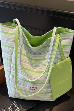 Summer Striped Double-Sided Canvas Tote Bag for Women, Large Capacity Travel Shoulder Bag, Versatile for Students and Commuting