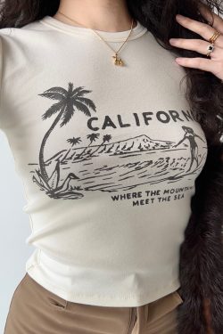 Summer Surf Print Round Neck Short Sleeve Cotton T-shirt for Women - Slim Fit, European American Style, Casual 90s Fashion