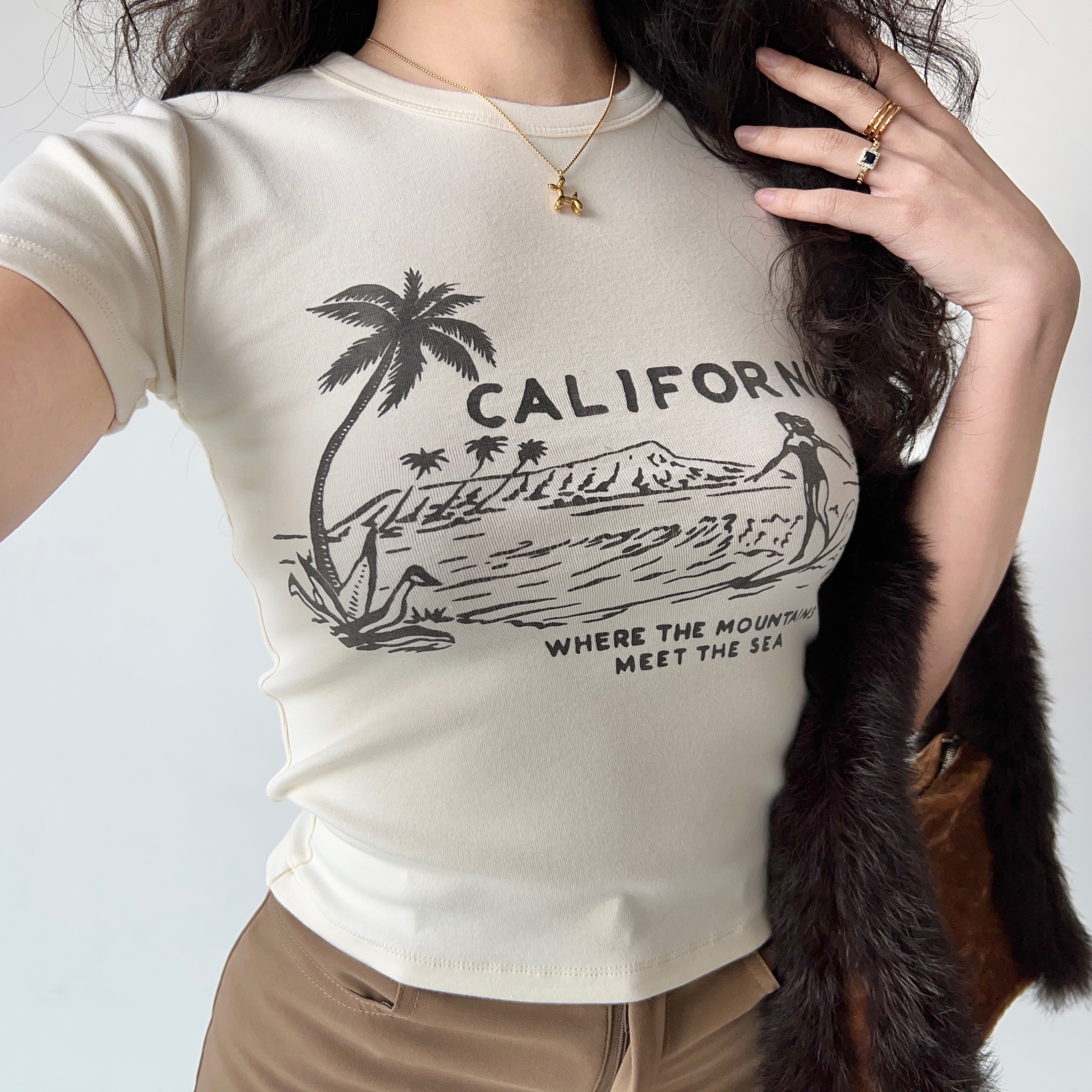 Summer Surf Print Round Neck Short Sleeve Cotton T-shirt for Women - Slim Fit, European American Style, Casual 90s Fashion