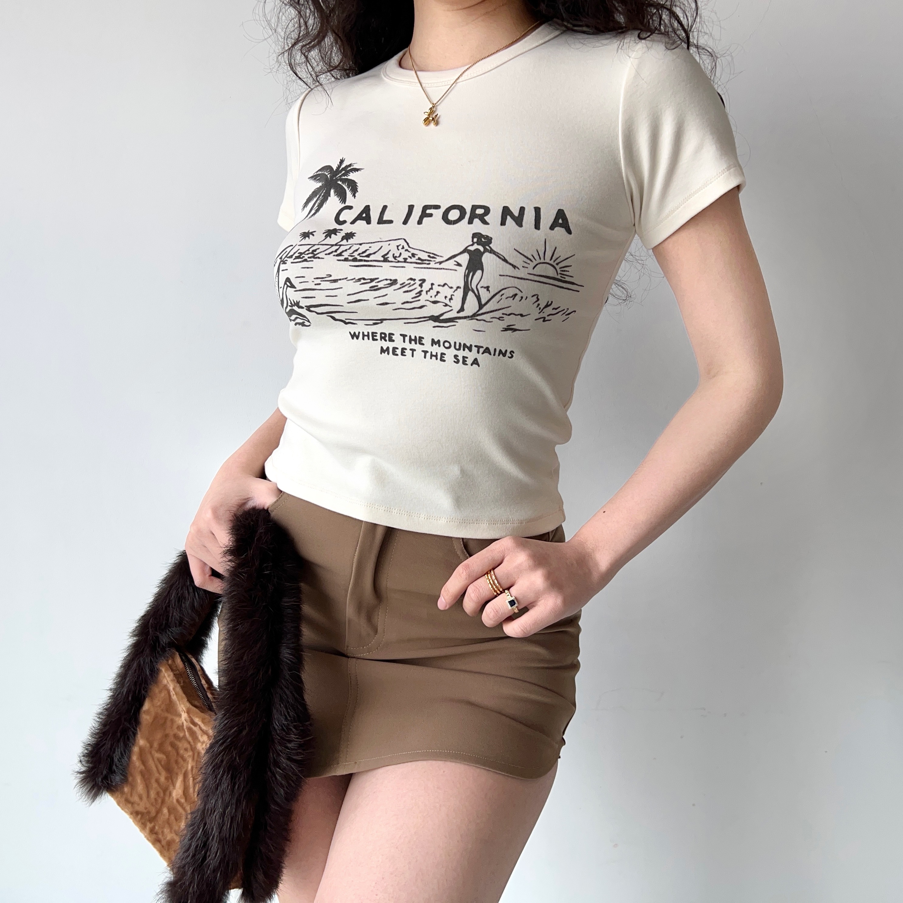 Summer Surf Print Round Neck Short Sleeve Cotton T-shirt for Women - Slim Fit, European American Style, Casual 90s Fashion