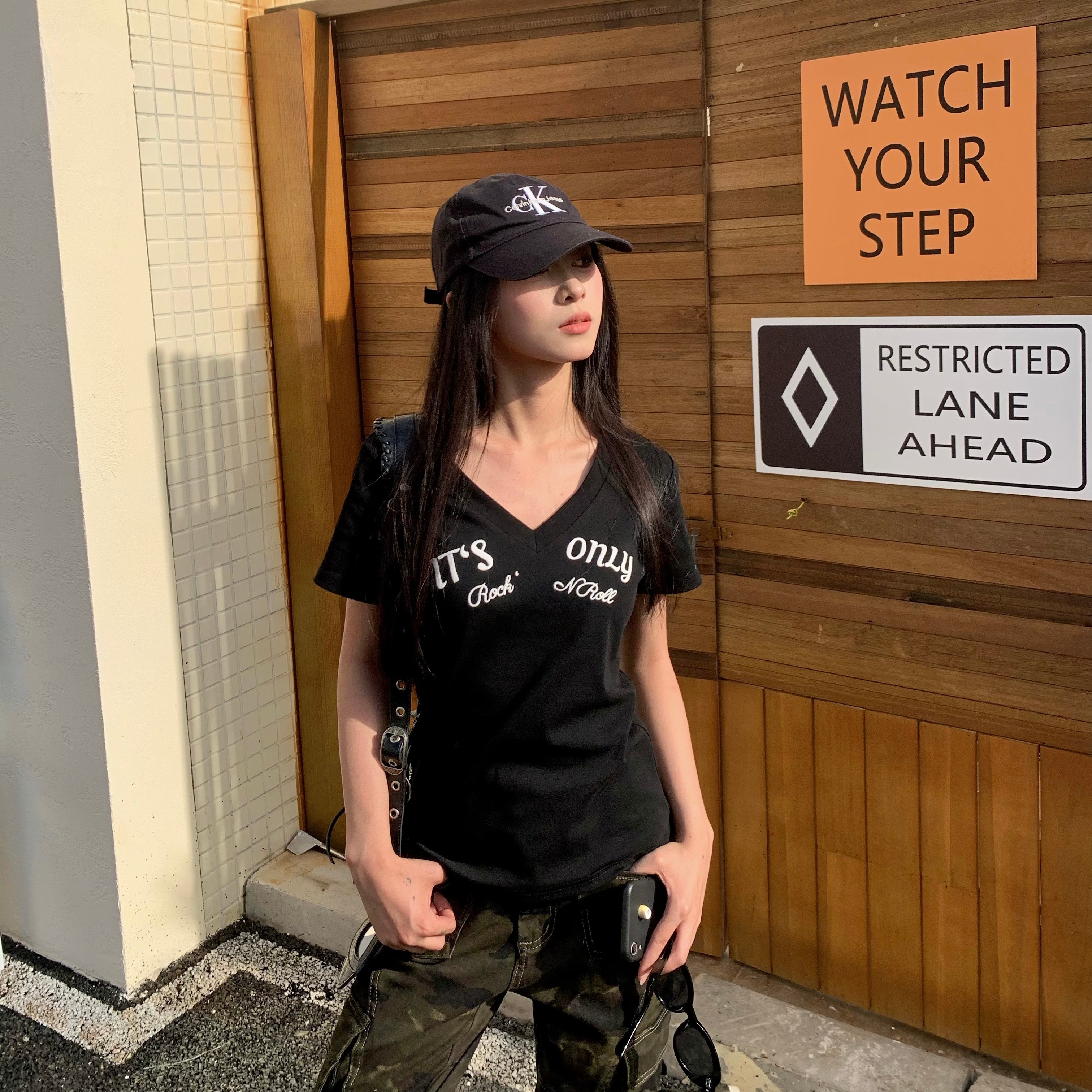 Summer V-Neck Embroidered Short Sleeve T-Shirt for Women - American Style Cool Girl Slim Fit Top, Versatile Fashion Essential