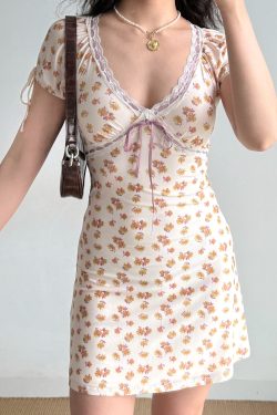 Summer V-Neck Short Sleeve Dress for Women - Lace Splicing Tie-Dye Print, European & American Style, Trendy 90s Y2K Fashion