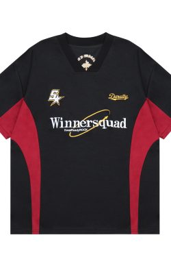 Summer Vintage V-Neck Embroidered Spliced Short Sleeve Unisex Jersey - Versatile American Style