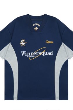 Summer Vintage V-Neck Embroidered Spliced Short Sleeve Unisex Jersey - Versatile American Style