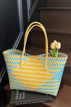 Summer Women's Handheld Woven Bag - Large Capacity Color Block Vegetable Basket for Beach Outings, Trendy 2025 Fashion