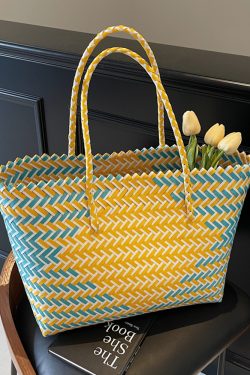Summer Women's Handheld Woven Bag - Large Capacity Color Block Vegetable Basket for Beach Outings, Trendy 2025 Fashion