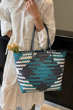 Summer Women's Handheld Woven Bag - Large Capacity Color Block Vegetable Basket for Beach Outings, Trendy 2025 Fashion