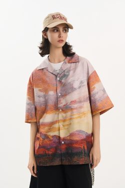Sunset Oil Painting Style Full Print Short-Sleeve Shirt - Artistic Graphic Tee, Y2K Aesthetic, Trendy Casual Wear