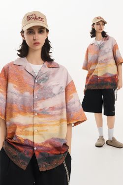 Sunset Oil Painting Style Full Print Short-Sleeve Shirt - Artistic Graphic Tee, Y2K Aesthetic, Trendy Casual Wear