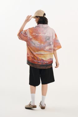 Sunset Oil Painting Style Full Print Short-Sleeve Shirt - Artistic Graphic Tee, Y2K Aesthetic, Trendy Casual Wear