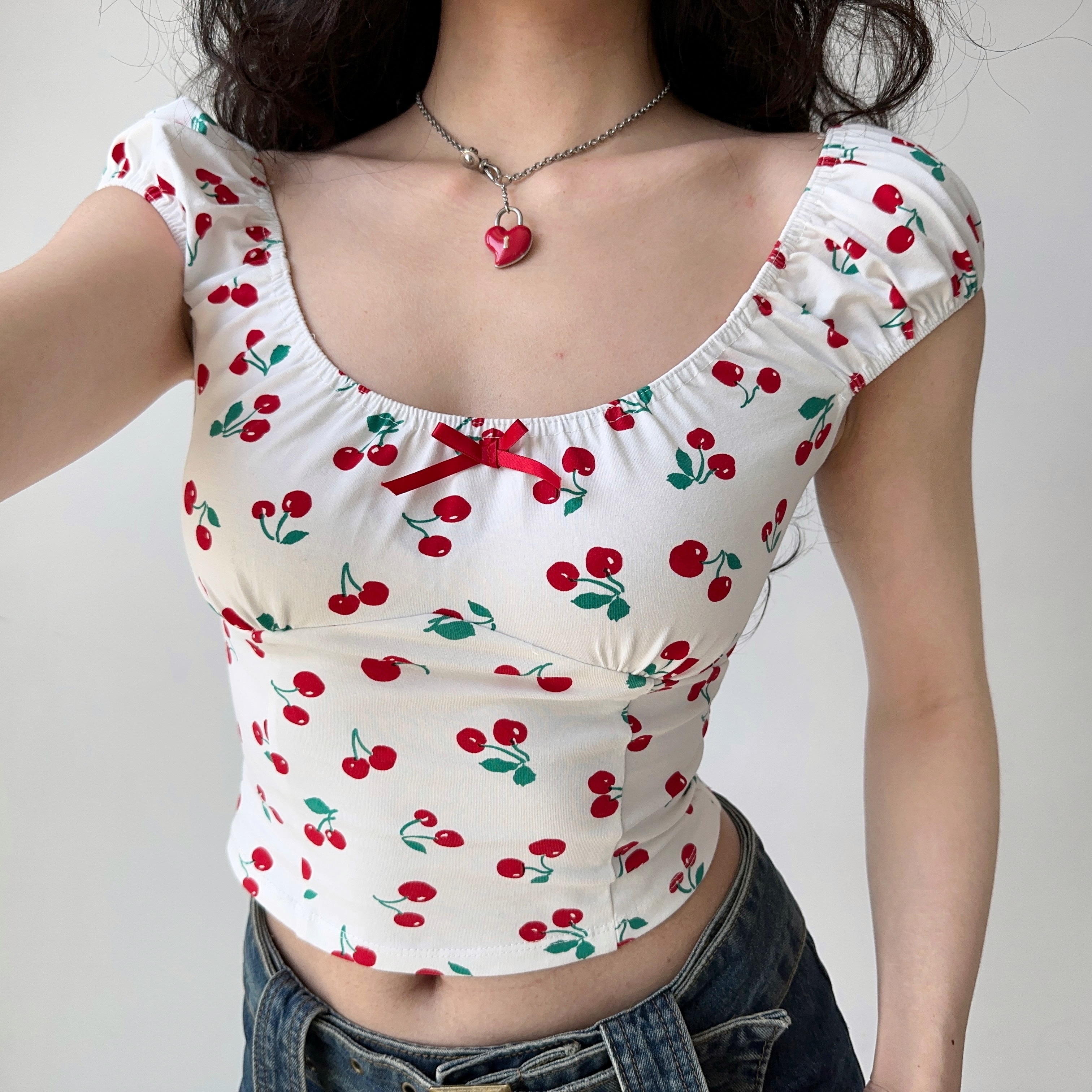 Sweet and Spicy Cherry Print Off-Shoulder Short Sleeve T-Shirt for Women - Summer Slim Fit European & American Style Top