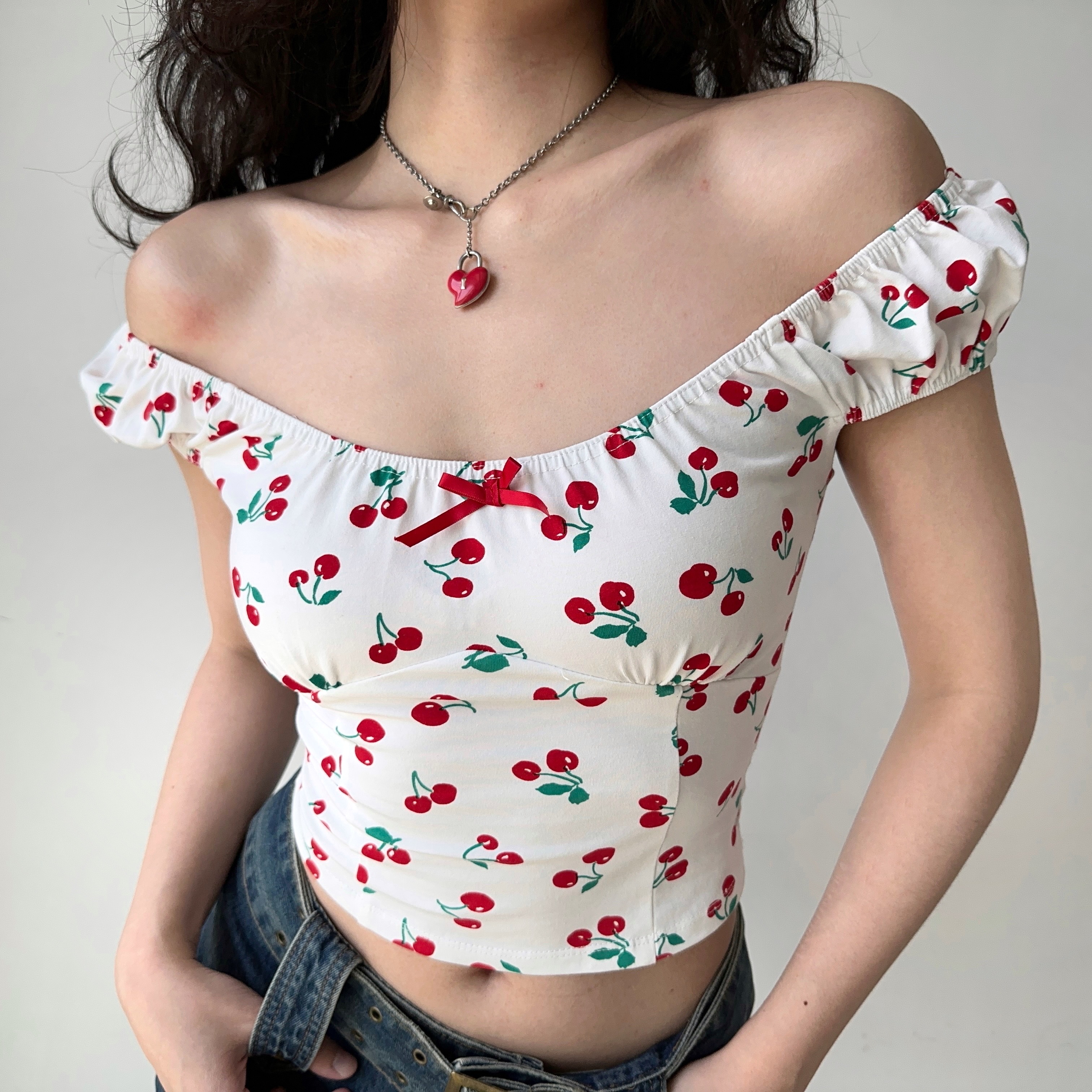 Sweet and Spicy Cherry Print Off-Shoulder Short Sleeve T-Shirt for Women - Summer Slim Fit European & American Style Top