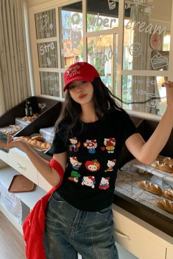 Sweet and Spicy Kitty Cat Short Sleeve T-Shirt for Women - American Style Slim Fit Top - 2025 Summer Versatile 90s Y2K Fashion