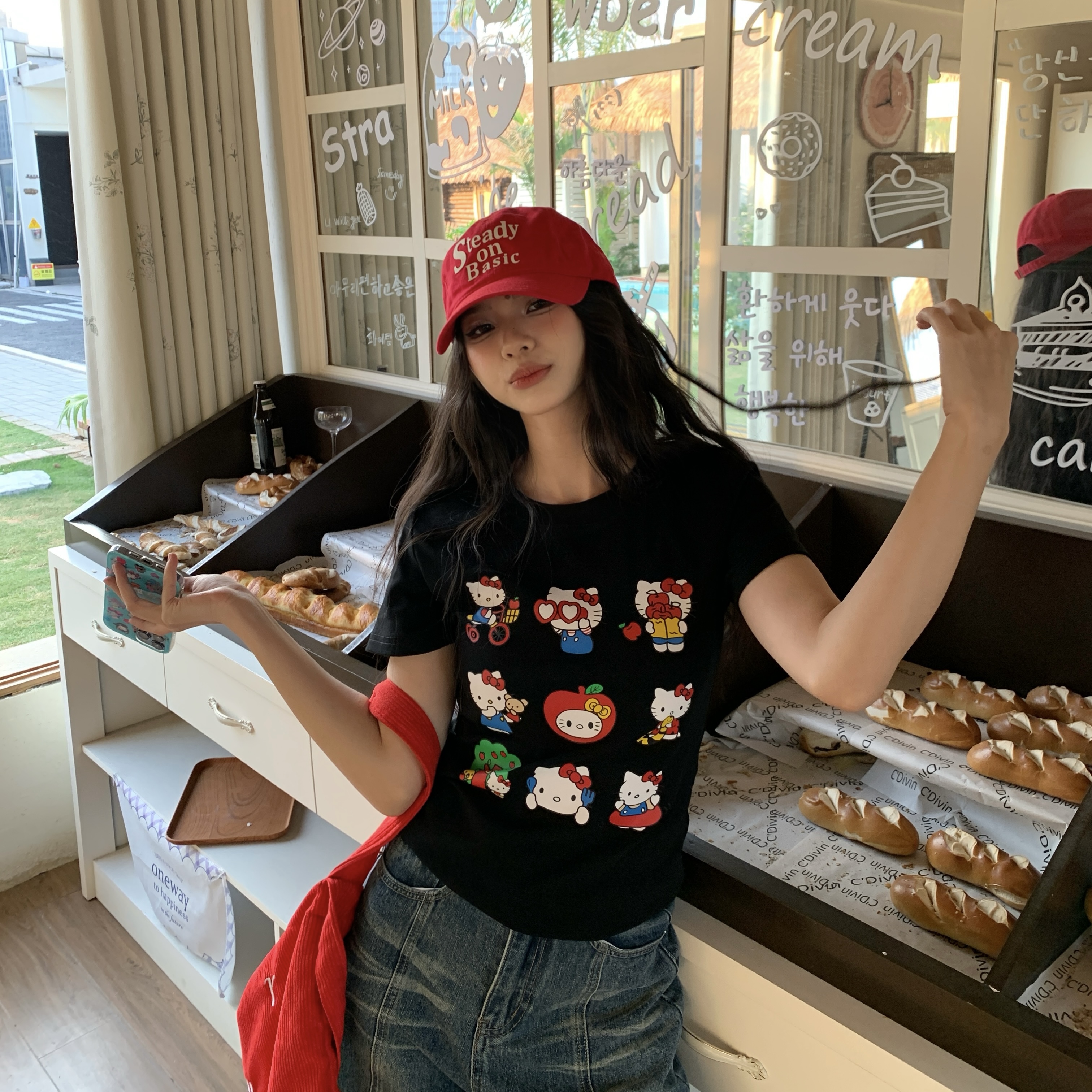 Sweet and Spicy Kitty Cat Short Sleeve T-Shirt for Women - American Style Slim Fit Top - 2025 Summer Versatile 90s Y2K Fashion