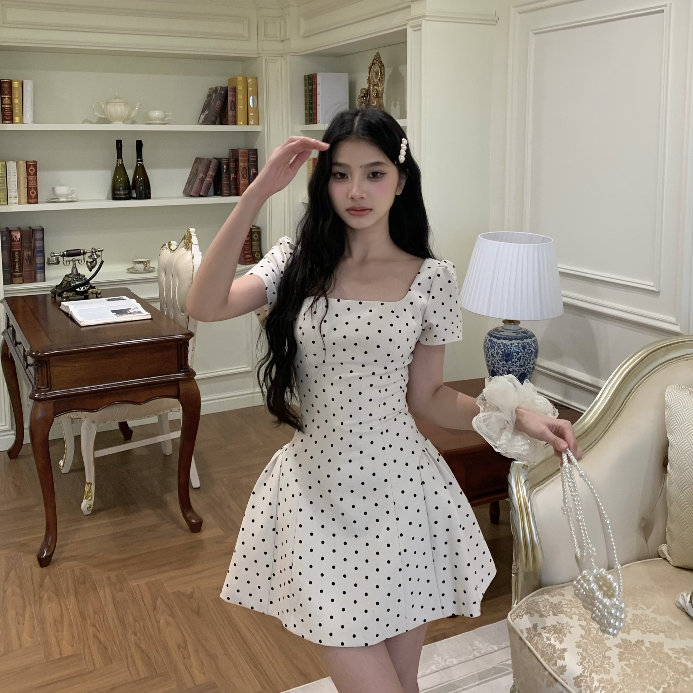 Sweet Apricot Polka Dot Square Neck Strap Dress for Women - Spring Summer French Style, Waist-Defined, Short Skirt, 90s Inspired