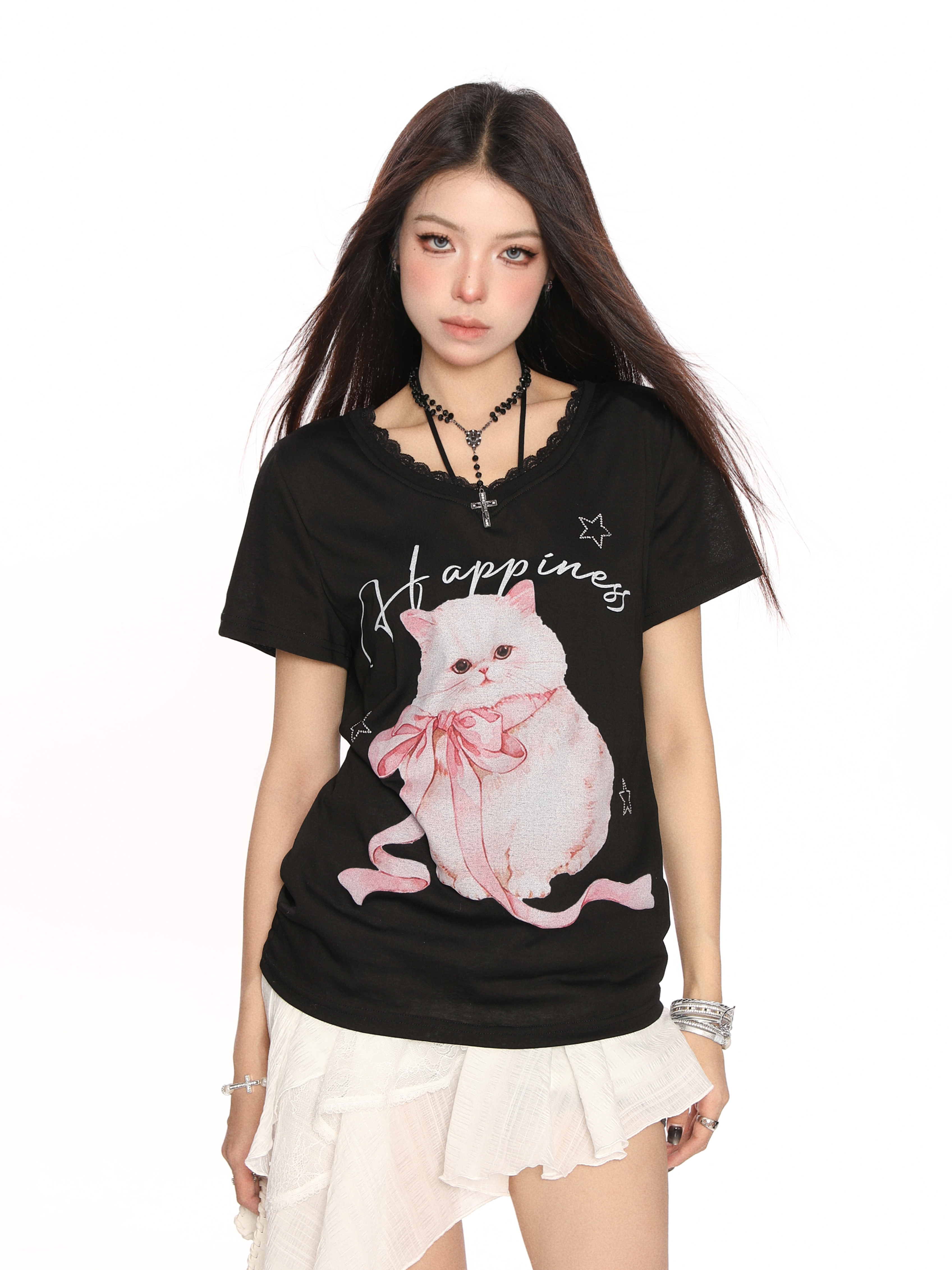 Sweet Cartoon Cat Lace Trim Short Sleeve T-Shirt for Women - Summer Casual Loose Top in Y2K Lazy Style