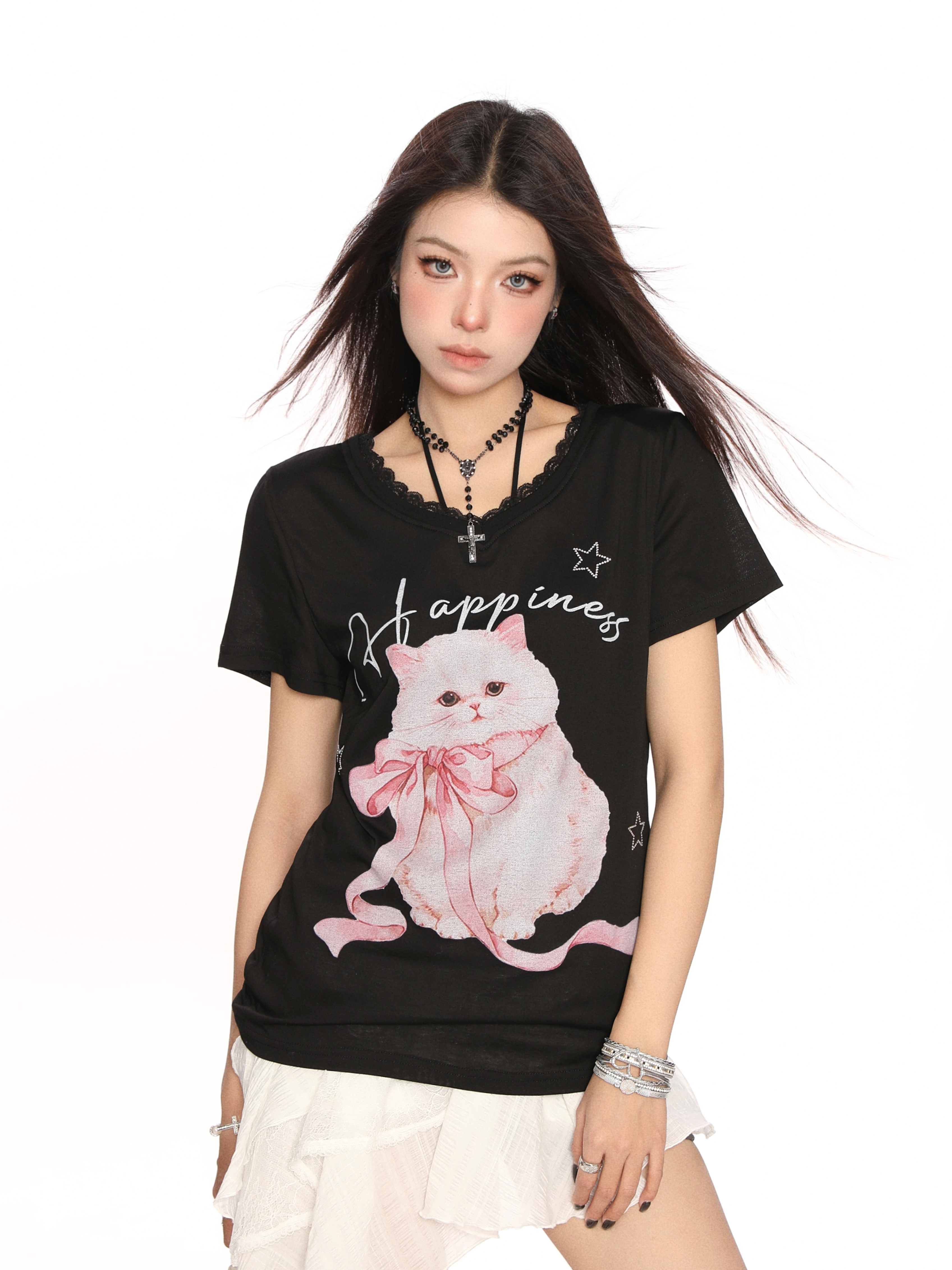Sweet Cartoon Cat Lace Trim Short Sleeve T-Shirt for Women - Summer Casual Loose Top in Y2K Lazy Style