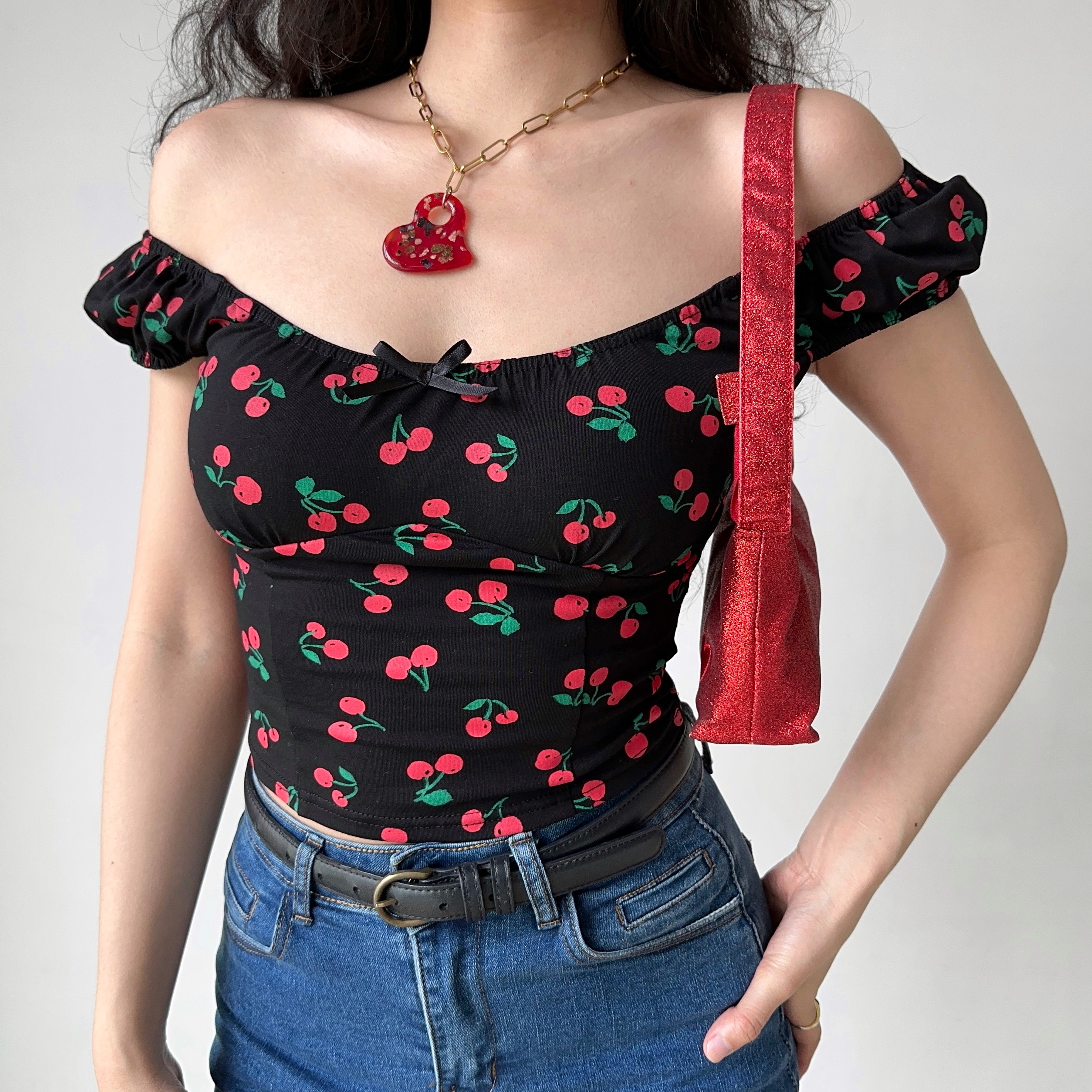 Sweet Cherry All-Over Print Puff Sleeve Slim T-Shirt - Low Neckline Round Neck Women's Top in European American Style