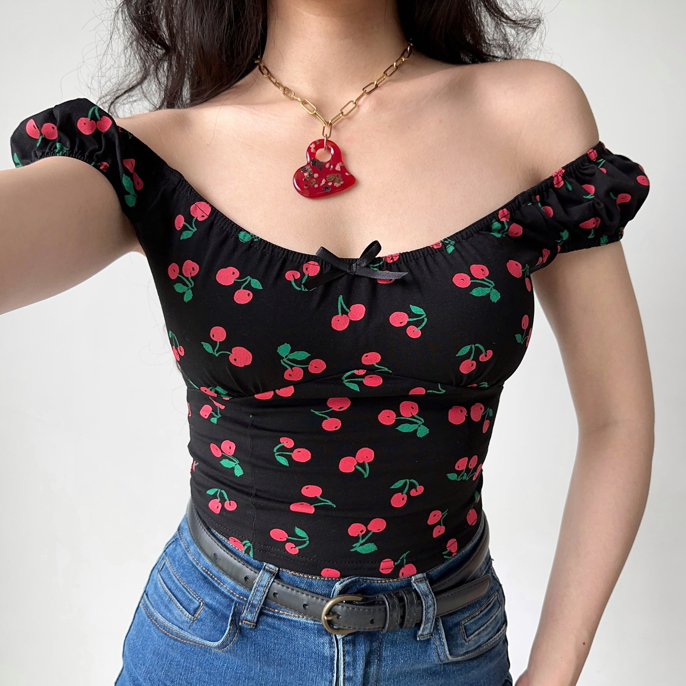 Sweet Cherry All-Over Print Puff Sleeve Slim T-Shirt - Low Neckline Round Neck Women's Top in European American Style