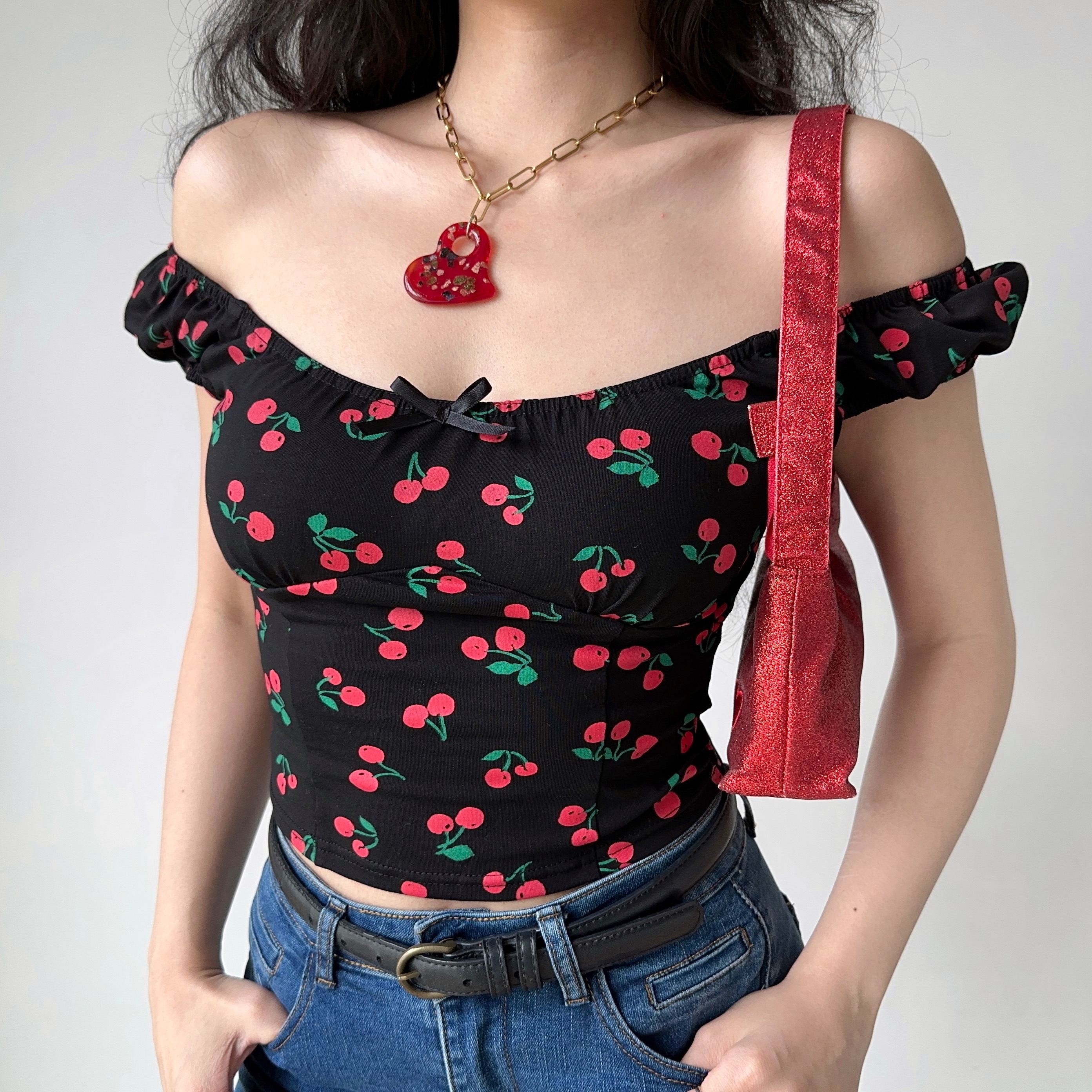 Sweet Cherry All-Over Print Puff Sleeve Slim T-Shirt - Low Neckline Round Neck Women's Top in European American Style