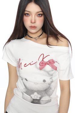 Sweet Cool Cartoon Hello Kitty Off-Shoulder Short Sleeve T-Shirt for Women - Slimming Chic Summer Top, Y2K Style