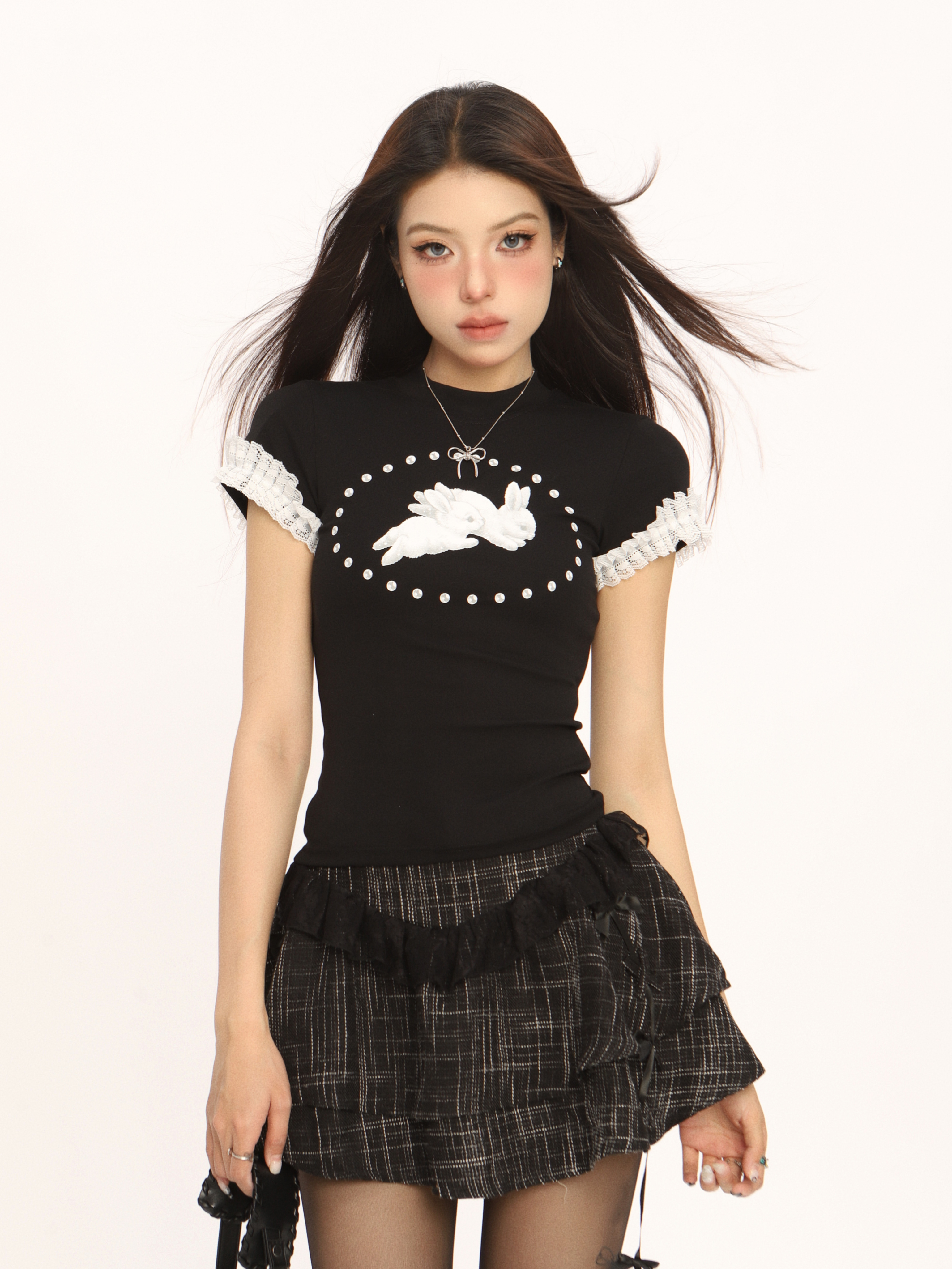 Sweet Cool Lace Spliced Rabbit Shoulder Short Sleeve T-Shirt for Women - Y2K Slim Fit Summer Top