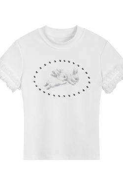 Sweet Cool Lace Spliced Rabbit Shoulder Short Sleeve T-Shirt for Women - Y2K Slim Fit Summer Top