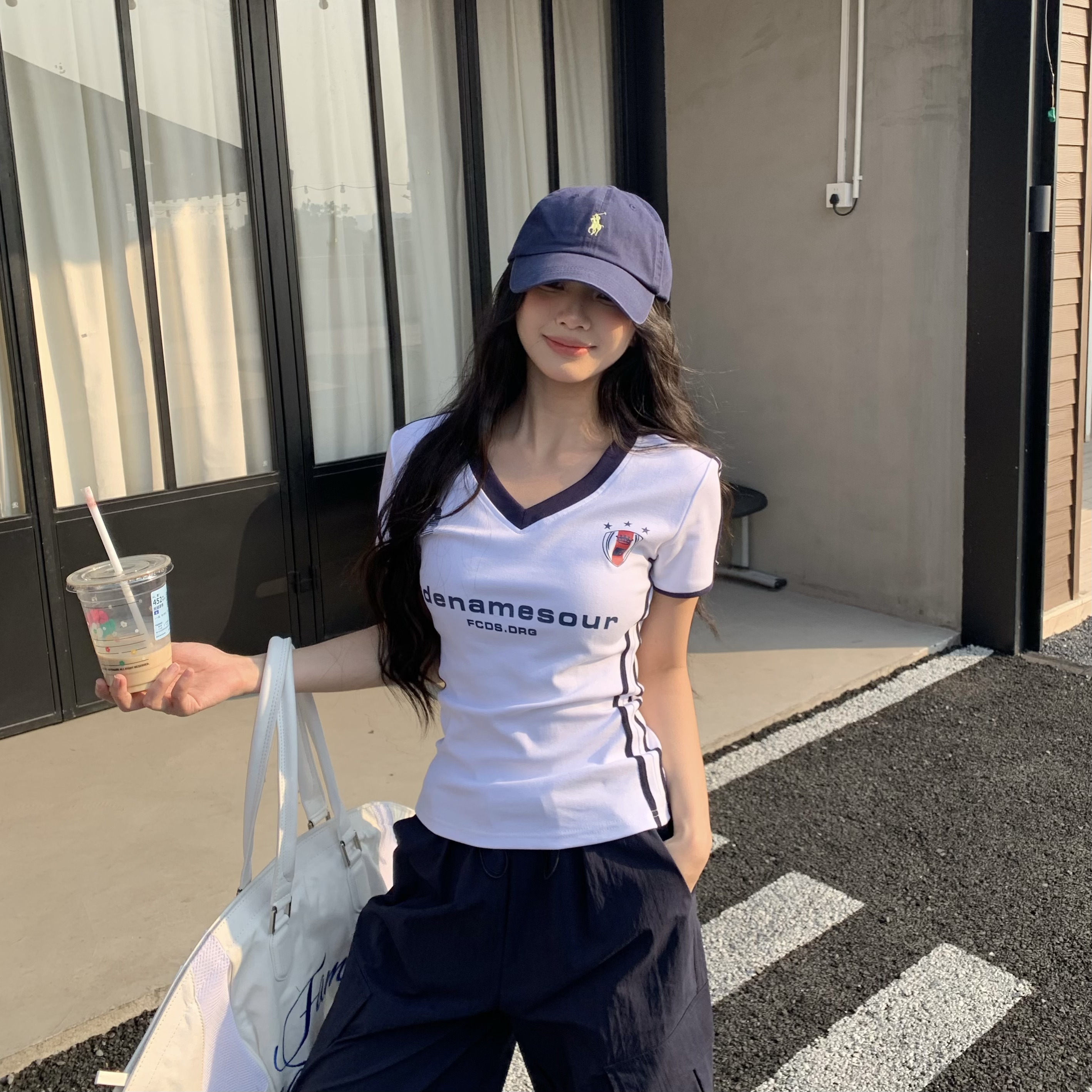 Sweet Cool Three Stripe V-Neck Short Sleeve T-Shirt for Women - Slim Fit American Style Summer 2025 Top