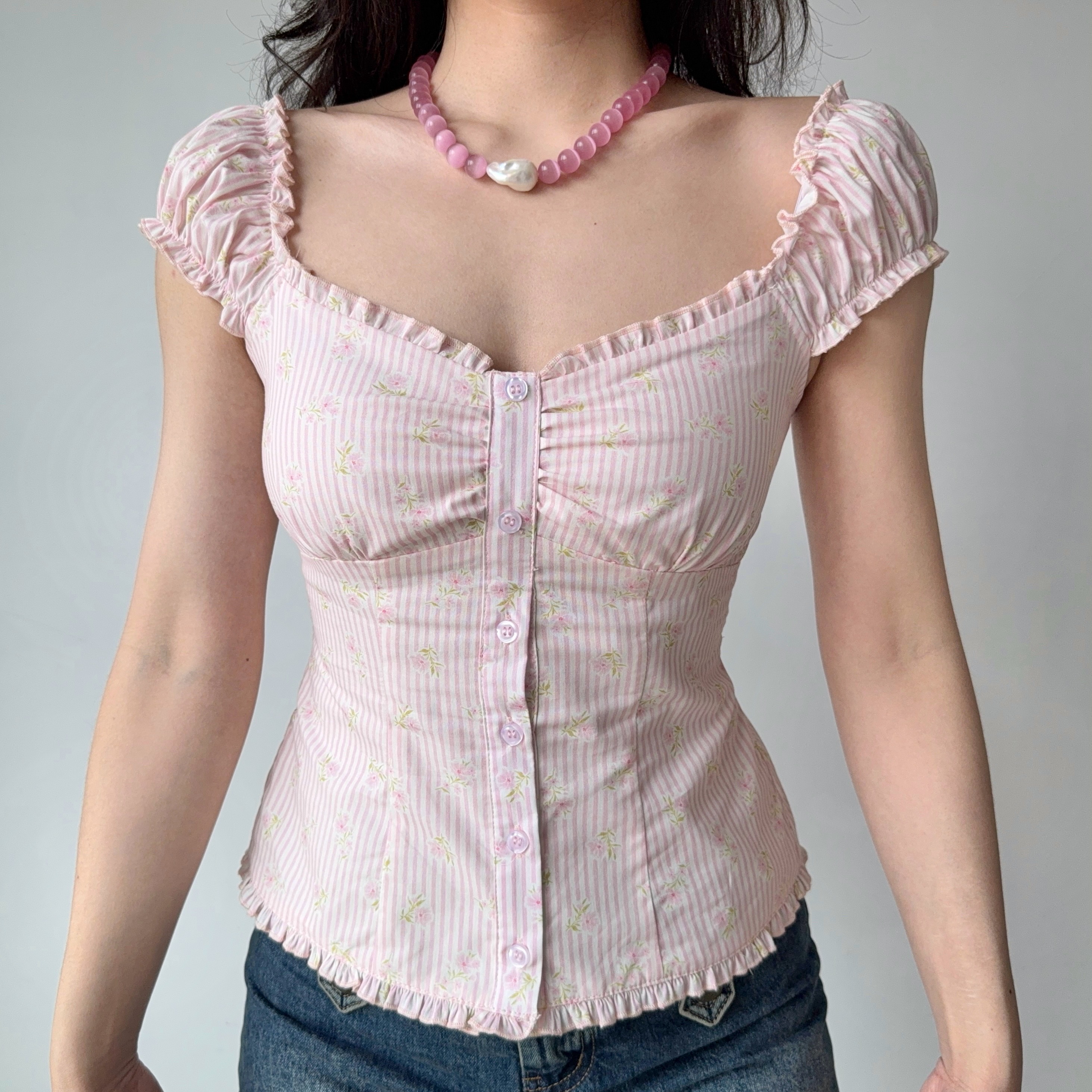Sweet Pink Striped Puff Sleeve Top - Women's Floral Square Neck Short Sleeve Shirt, DIY 90s Inspired Fashion