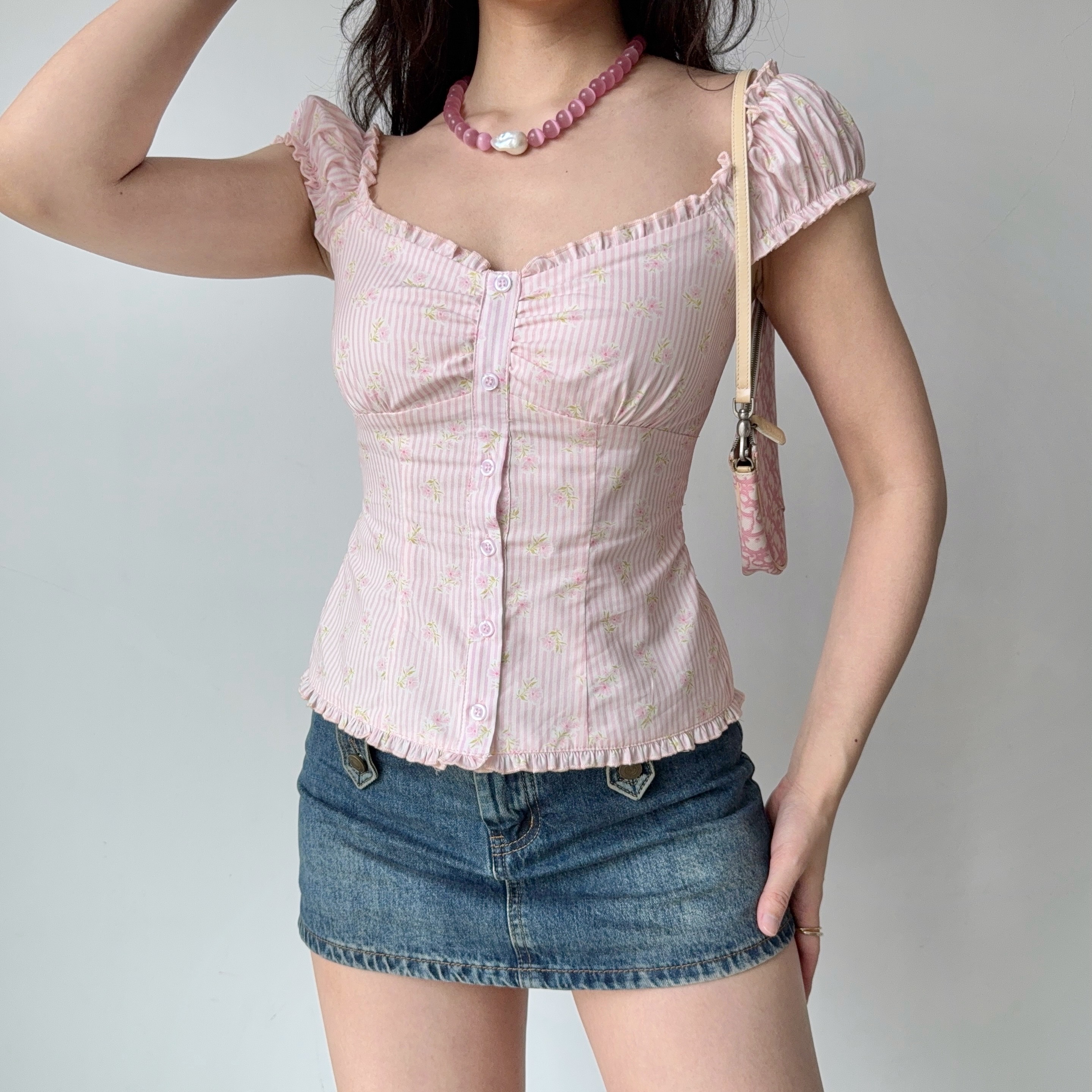 Sweet Pink Striped Square Neck Puff Sleeve Top - Women's Floral Short Sleeve Blouse - Y2K Inspired Fashion
