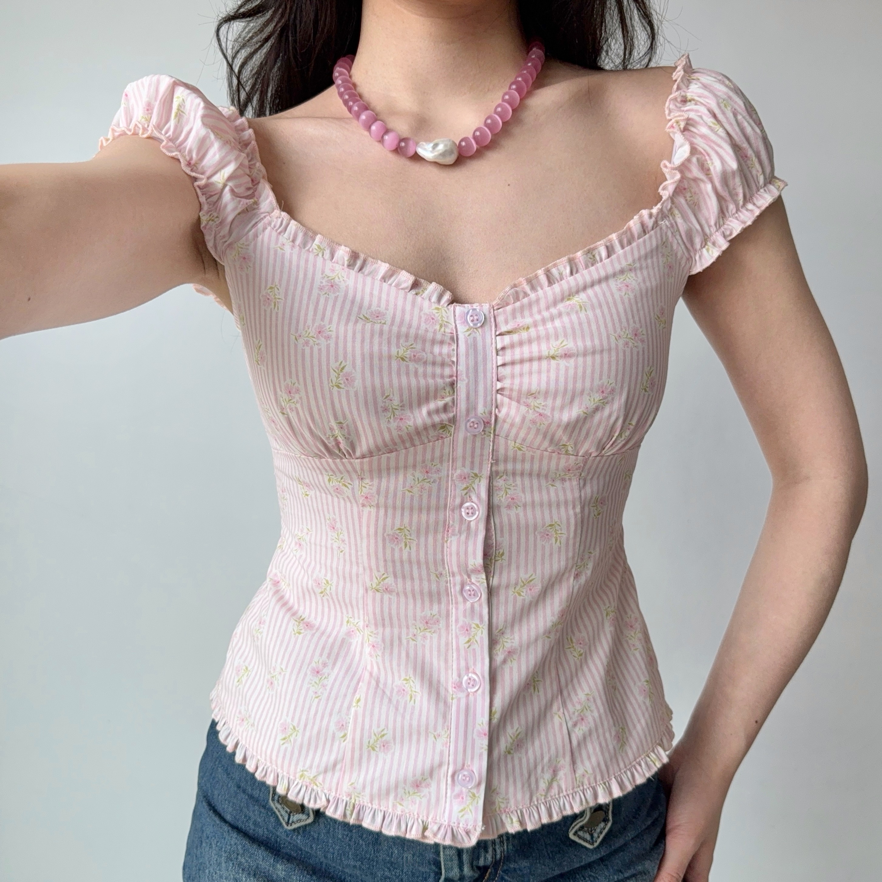Sweet Pink Striped Square Neck Puff Sleeve Top - Women's Floral Short Sleeve Blouse - Y2K Inspired Fashion