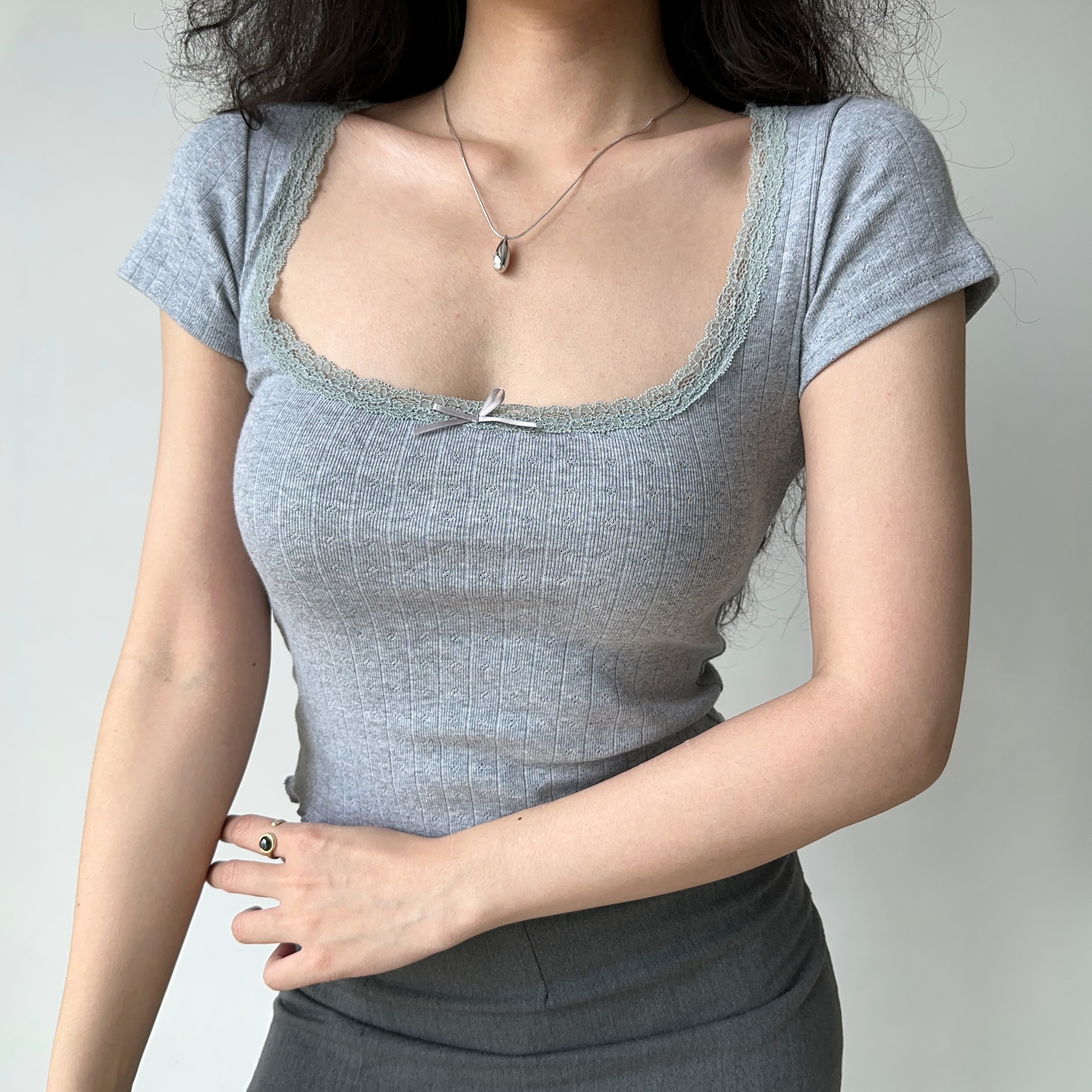 Sweet Ribbed Jacquard Short T-Shirt for Women - Summer Lace Trim Round Neck, Short Sleeves, European & American Style, 90s Inspired