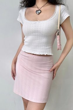 Sweet Ribbed Jacquard Short T-Shirt for Women - Summer Lace Trim Round Neck, Short Sleeves, European & American Style, 90s Inspired