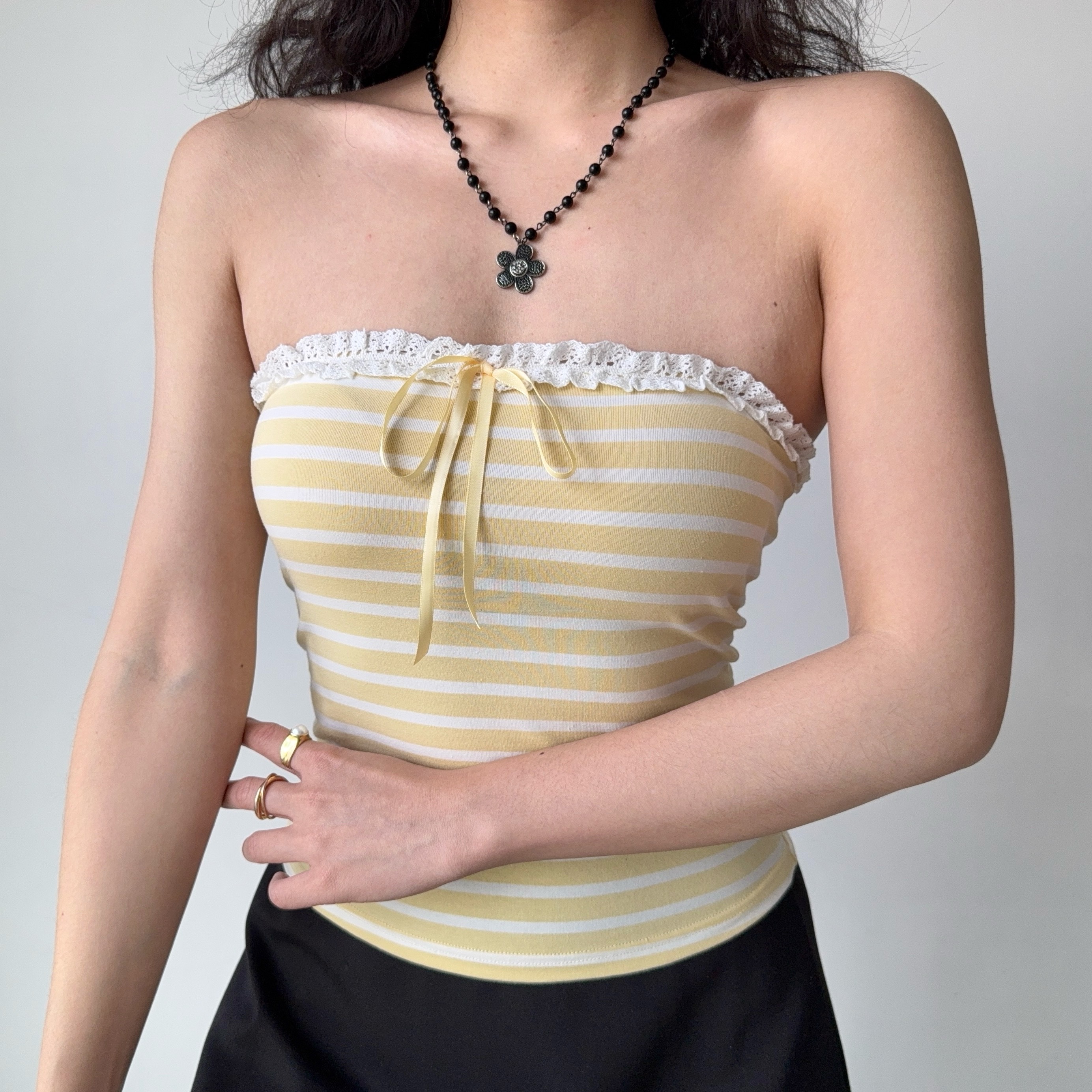 Sweet Spicy Hollow Lace Bow Strapless Slim Top - European American Style Striped Women's Fashion
