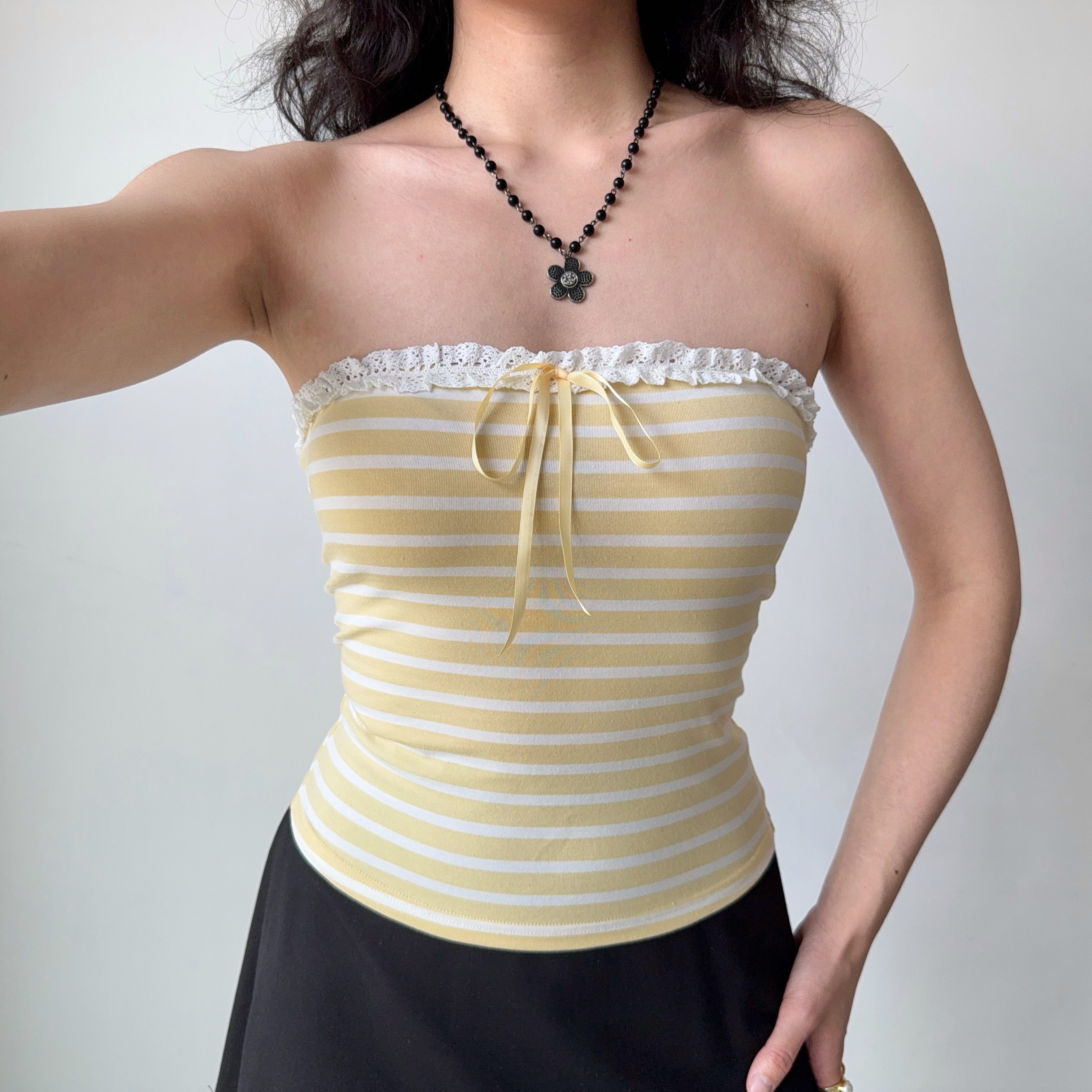 Sweet Spicy Hollow Lace Bow Strapless Slim Top - European American Style Striped Women's Fashion