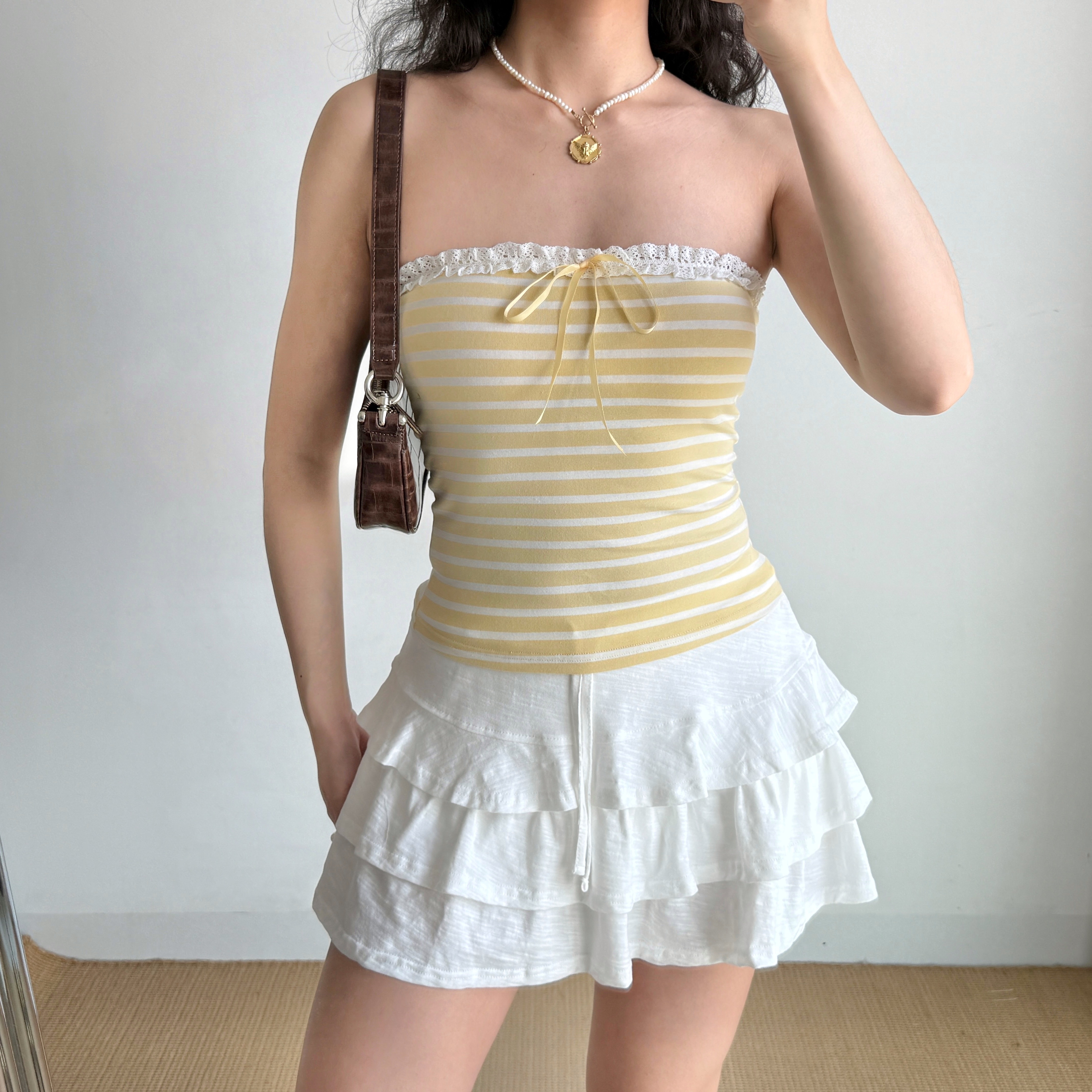 Sweet Spicy Hollow Lace Bow Strapless Slim Top - European American Style Striped Women's Fashion