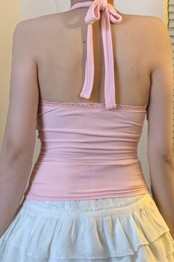 Sweetheart Embroidered Halter Pink Camisole - Backless Ruffled Tank Top for Women, Perfect for Music Festivals and Y2K Style