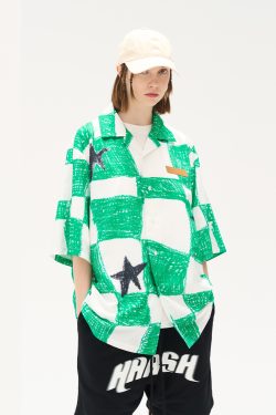Tan Checkered Star Print Cuban Collar Shirt - Trendy 90s-Inspired Fashion Top for Casual Wear