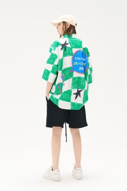 Tan Checkered Star Print Cuban Collar Shirt - Trendy 90s-Inspired Fashion Top for Casual Wear