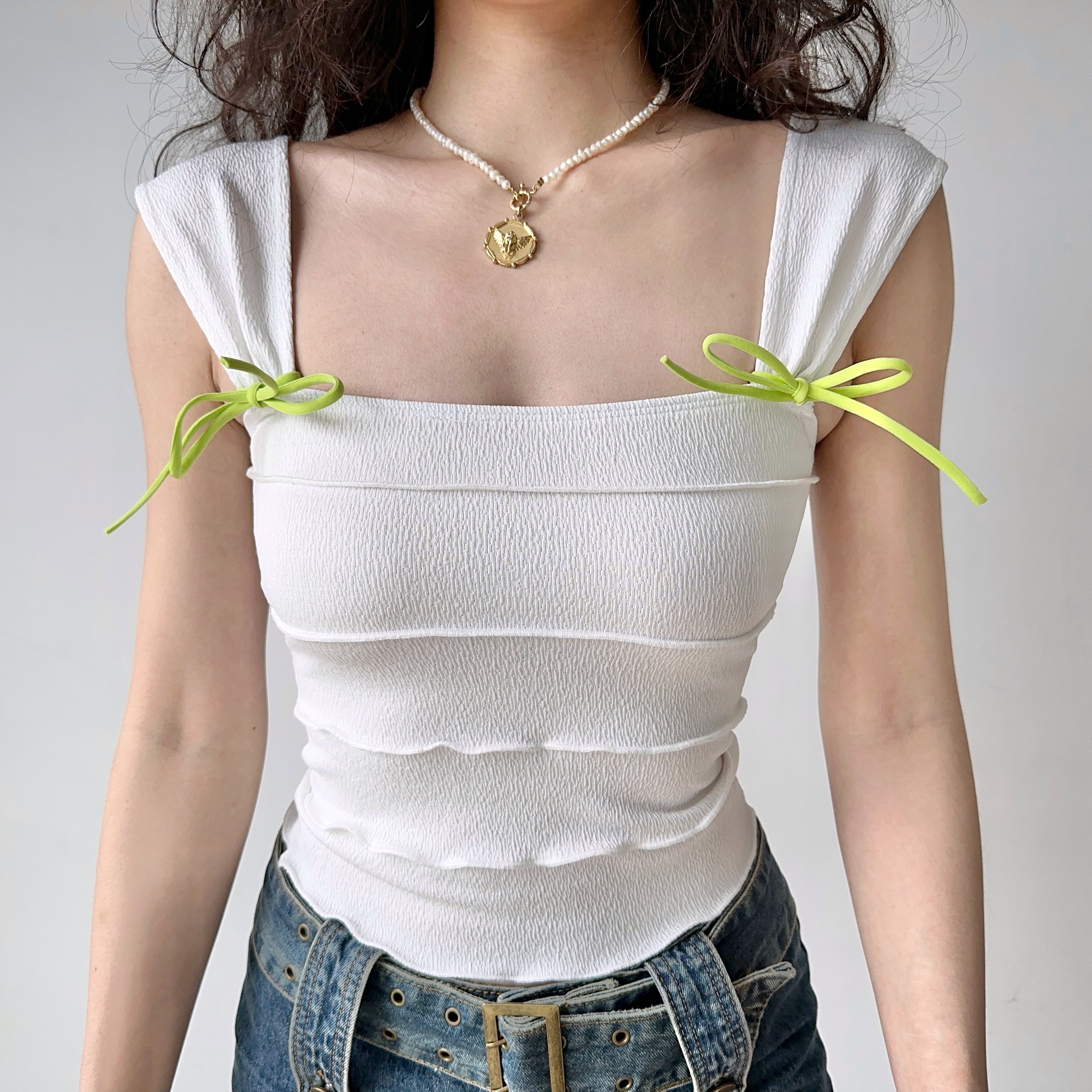 Textured Bow Tie Vest Tank Top for Women - Summer One-Shoulder Backless Style, European American Fashion, Trendy Unique Design