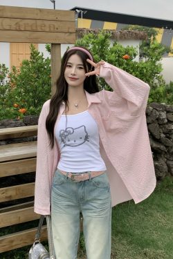 Textured Long Sleeve Shirt for Women - Loose Fit Blouse with Sun Protection - 2025 Spring/Summer Fashion Essential