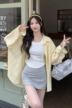 Textured Long Sleeve Shirt for Women - Loose Fit Blouse with Sun Protection - 2025 Spring/Summer Fashion Essential