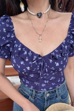 Thai-Style Handmade Spring/Summer 2025 French Ruffled Puff Sleeve Tie Short-Sleeve Shirt for Vacation