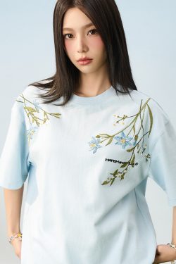 Thousand Needle Embroidery Monet Garden Series Versatile Loose Trendy Short Sleeve T-Shirt - Floral Print, Casual Style, Y2K Fashion