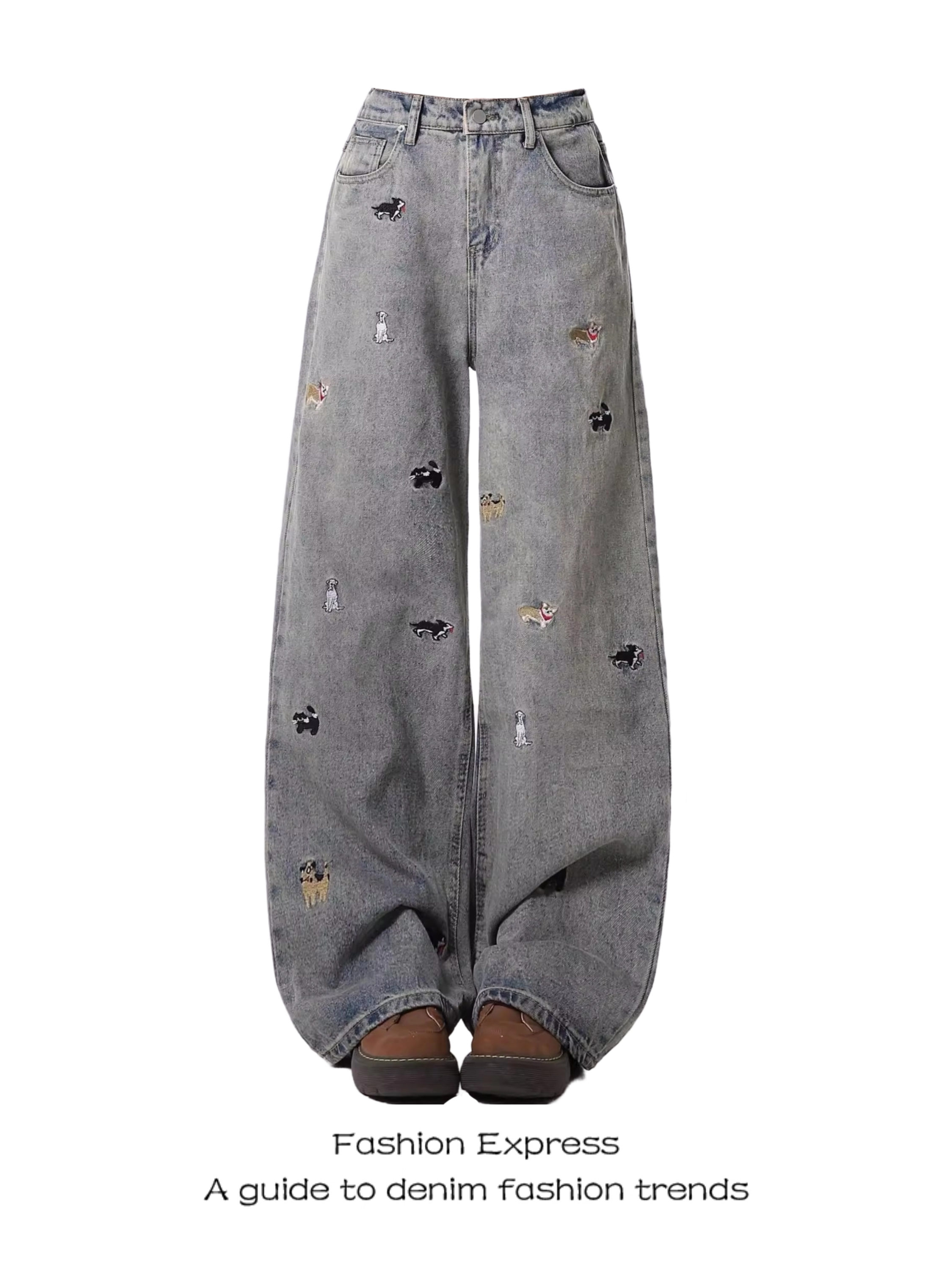 Trendy American Retro High-Waisted Distressed Denim Pants for Women - Fun Dog Embroidery, Slimming Straight-Leg Style