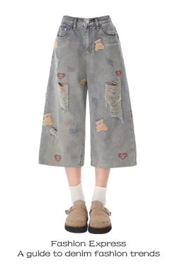 Trendy Cropped Ripped Denim Pants for Women, Hip Hop Style with Bear Embroidery, Summer 2025 Loose Fit Fashion
