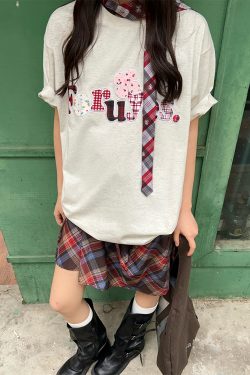 Trendy Unisex Short Sleeve T-Shirt with Plaid Floral Patch Embroidery - Summer Loose Fit Casual Wear