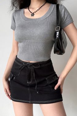 U-Neck Ribbed Knit Short Sleeve T-Shirt for Women - Summer Slim Fit Top in European and American Style, Sexy Casual Fashion