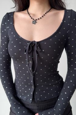 U-Neck Tie Bow Rhinestone Long Sleeve Cardigan T-Shirt - Women's European American Style, Casual Chic Top for Effortless Y2K Fashion